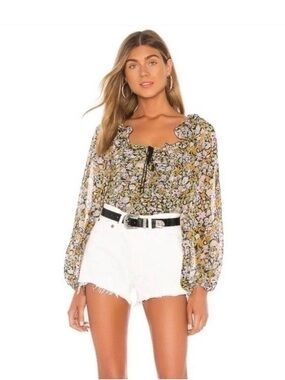 Free People Mable printed blouse top long sleeves floral balloons sleeves crop